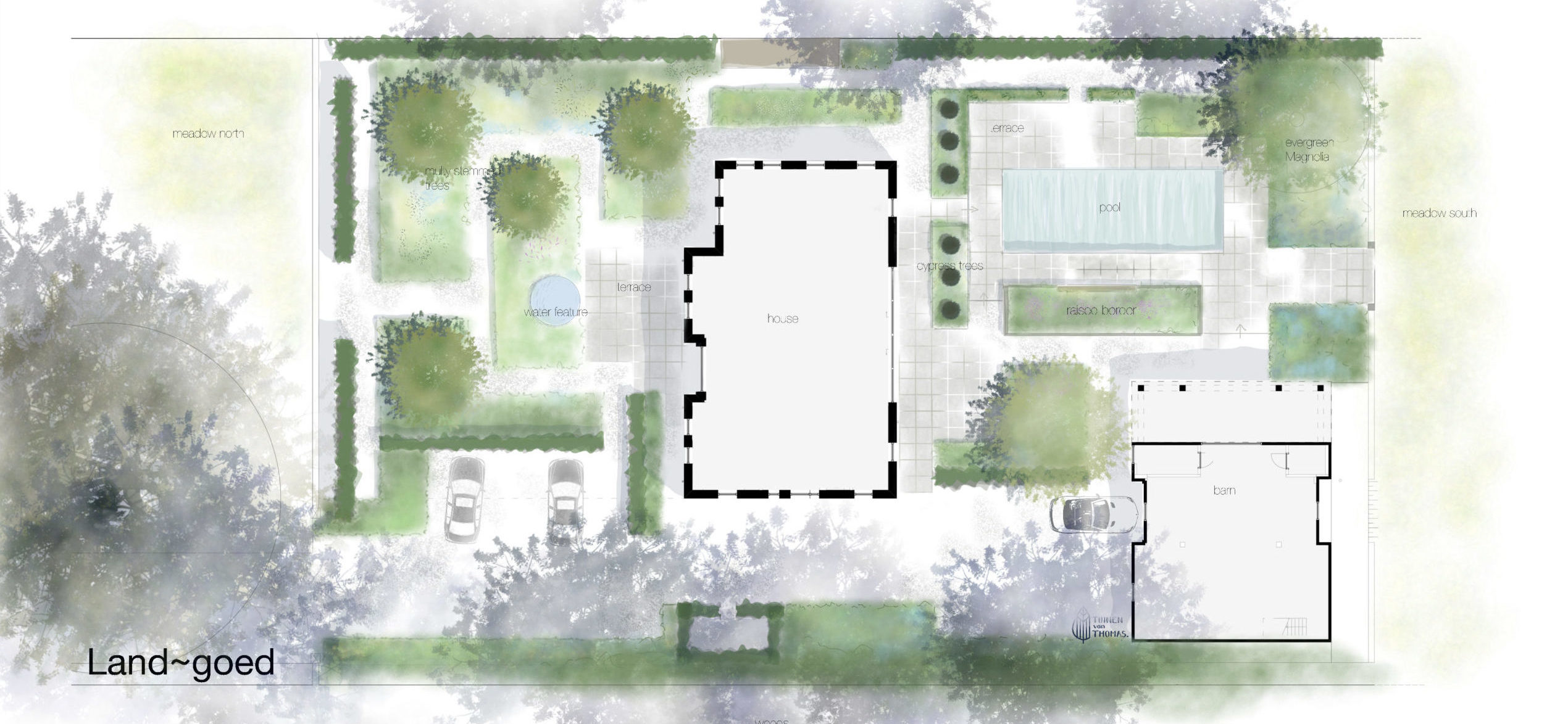 tuinontwerp villatuin garden design Caroline Thomas tuinontwerper masterplan large garden wellness garden pool garden zwembad Tuinen van Thomas